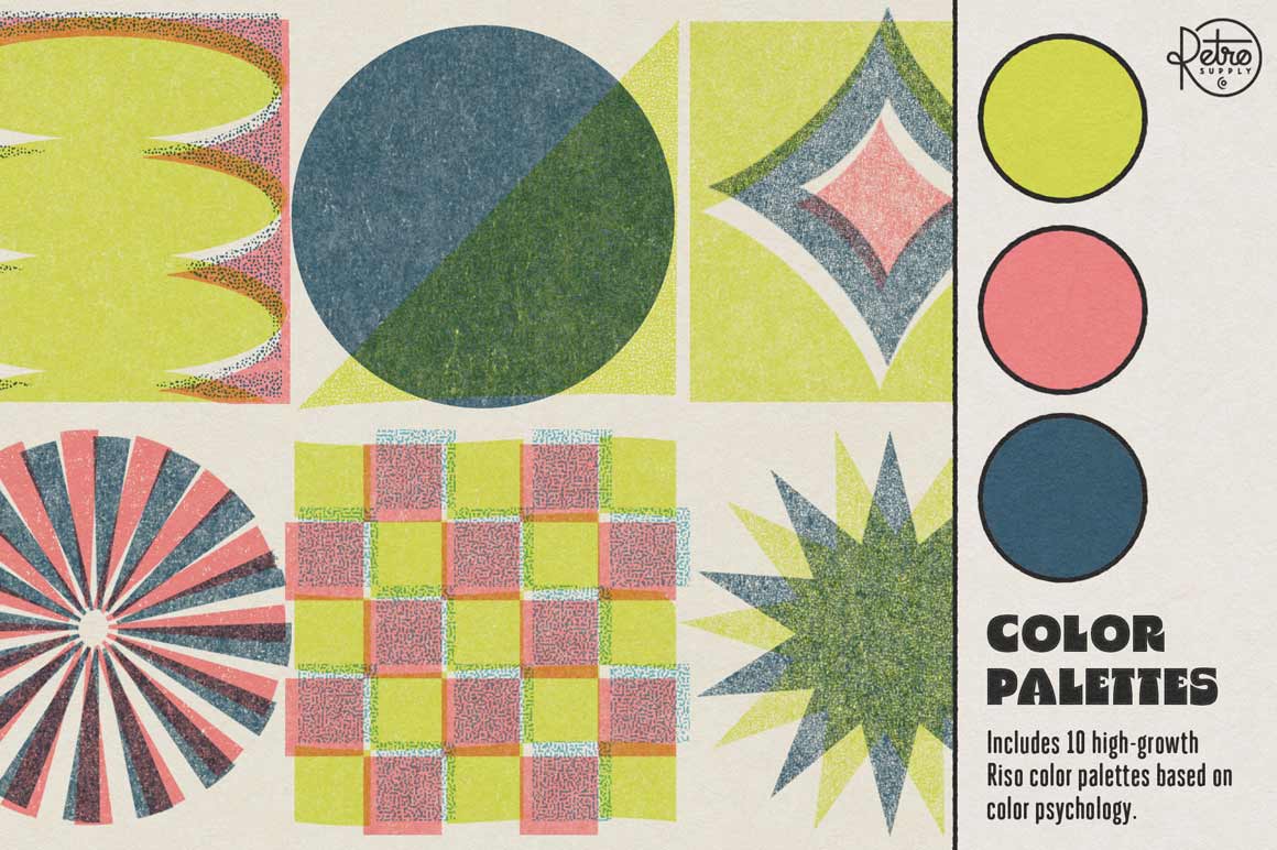 Risograph for Adobe Illustrator includes three regional print shop color palettes, one master color palette, and one color palette book with matching color swatches.